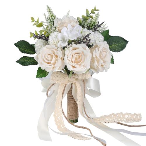 GLIDLION Wedding Bouquets for Bride Bridesmaid,White Champagne Artificial Roses Flowers for Wedding Church Decoration (7.5in)