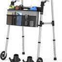 FSA/HSA Eligible Folding Walker with Large Basket and 2 Glide Skis, 5" Wheels Lightweight Walkers for Seniors and Adults, Supports Up to 350 Pounds, Adjustable Height, Compact Standard Walker (Walker With Basket)