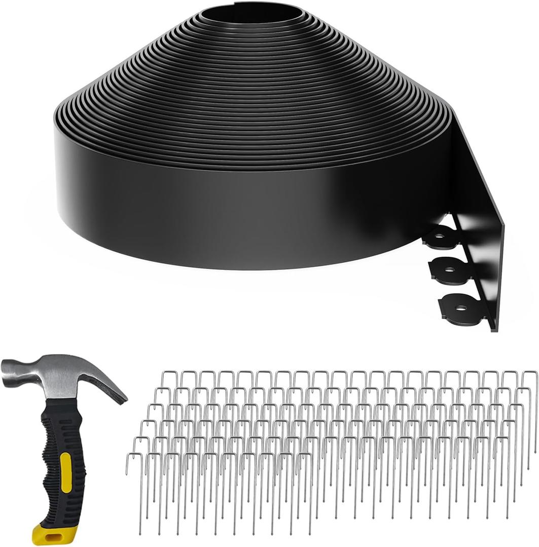 102FT Landscape Edging 4 in Tall with 110 Spikes, Garden Edging Border and 1 Hammer, Plastic Landscape Edging Border Lawn Edging for Landscaping, Flower Beds, Yard