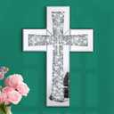 Cross Wall Decor, Silver Mirrored Cross for Living Room, Crystal Crush Diamond Mirror Crosses, Religious Wall Art, Home Decor (15"L x 10"W)