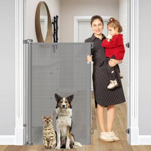 48 Inch Extra Tall Dog Gate, Extends to 55" Wide, Extra Tall Retractable Baby Gates for Doorways Pet Gate Indoor Mesh Cat Gate - Upgraded Height to Prevent Jumping Over, Gray