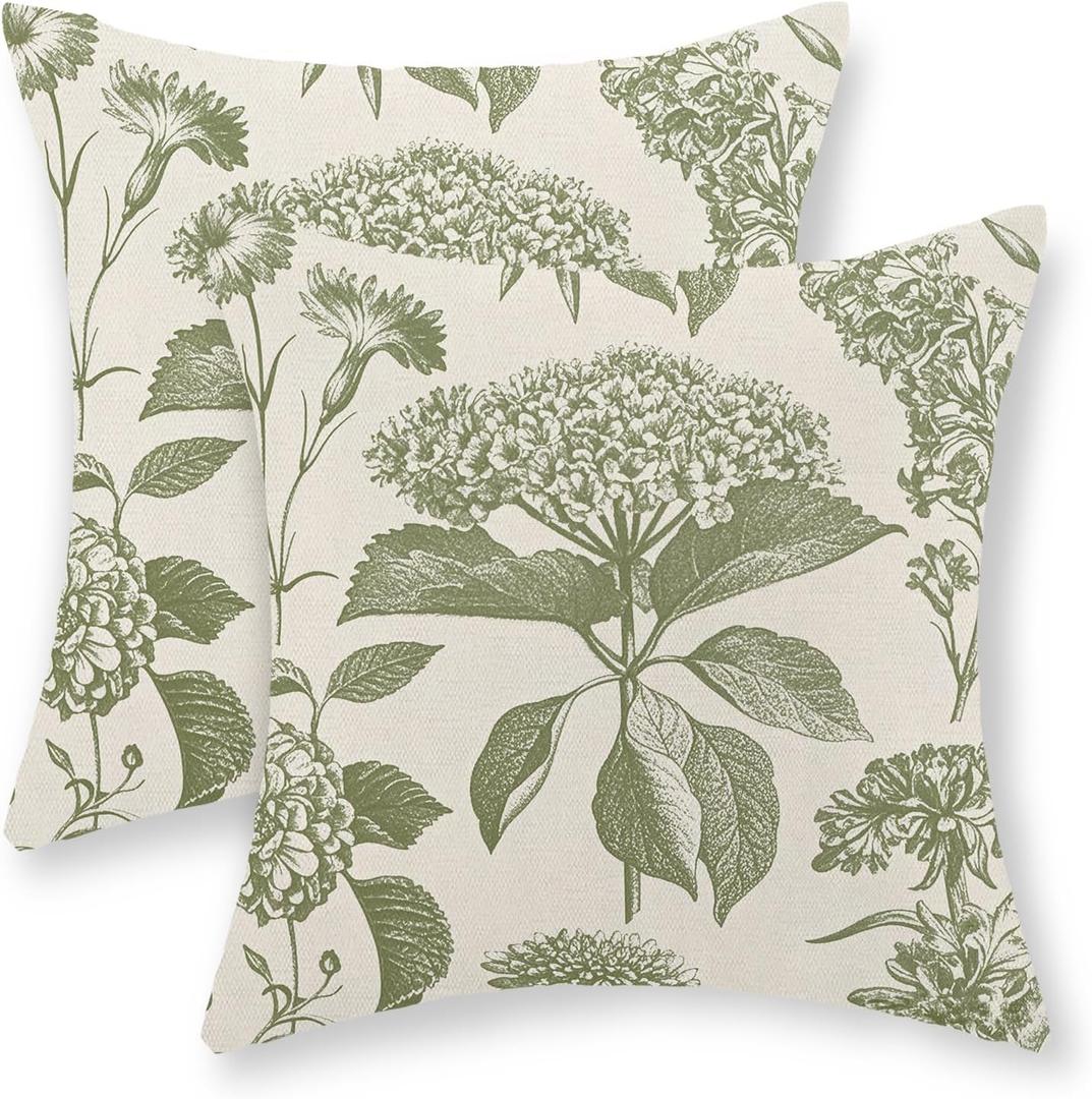 Sage Green Pillow Covers 18x18 Set of 2 Boho Floral Hydrangea Herbs Botanical Throw Pillow Cover Outdoor Decoration Pillow Cases Vintage Flower Linen Cushion Case Decorative for Couch Sofa
