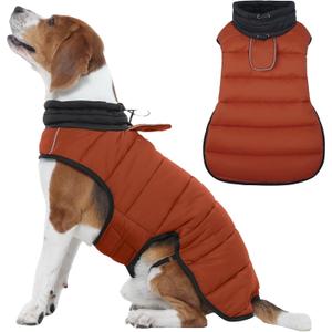 IDOMIK Dog Winter Coat, Warm Waterproof Dog Puffer Jacket with Harness Hole, Adjustable Reflective Snow Jacket Vest with Turtleneck, Pet Cold Weather Coats for Large Dogs,Caramel,XL (XL(Chest Girth:29.9"))