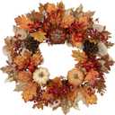 22" Artificial Fall Wreath for Front Door Autumn Harvest Wreath with Pumpkin Oak Maple Leaf Pine Cones Eucalyptus Berry for Halloween Thanksgiving Day Indoor Outdoor Farmhouse Window Wall Dcor
