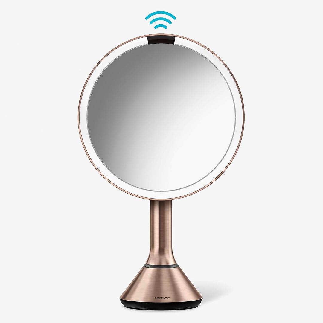 simplehuman Sensor Mirror, Lighted Makeup Mirror with Magnification (5X), 8" Round Magnifying Vanity Mirror with Lights, Cordless, Rose Gold Stainless Steel