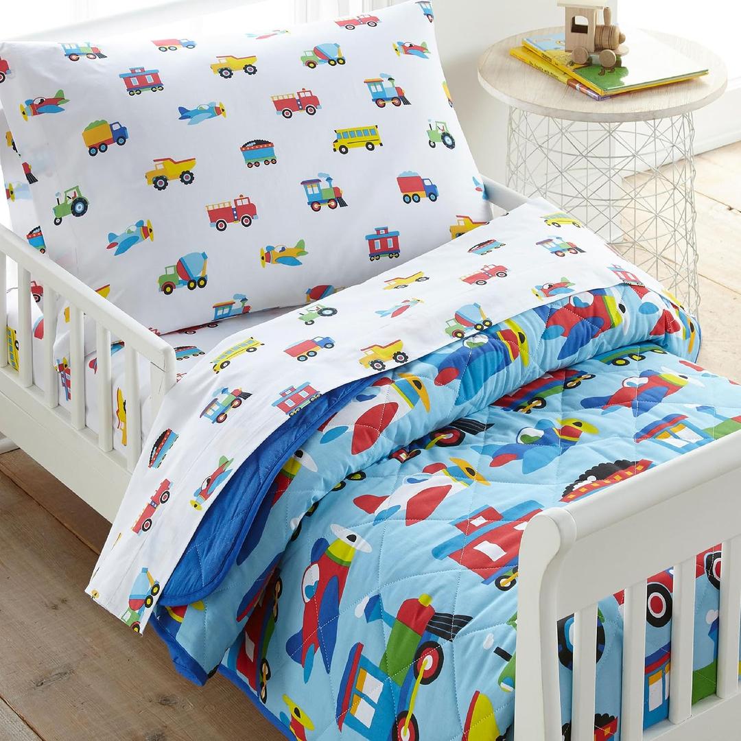 Wildkin Kids Cotton Toddler Comforter Set – Soft & Lightweight, Fits Standard Crib Mattress - Trains, Planes, and Trucks