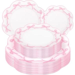 LIYH 60 Pcs Pink Bow Plastic Plates for Party - Pink Scalloped Scalloped Plates Disposable Heavyduty for Decorative Tableware for Holiday Party Decor Supplies - 10.25" Dinner & 7.5" Dessert Plate