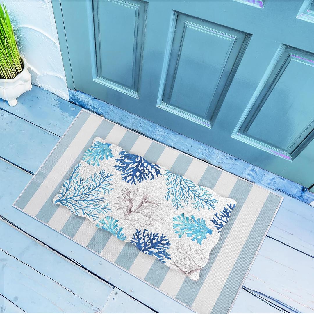 Fourluoo 2 Piece Beach Door Mat Combo Set 100% Coco Coir Welcome Mat and 28 x 40 Inch Blue White Striped Rug Layering Front Door Rug for Outdoor Entrance Front Porch
