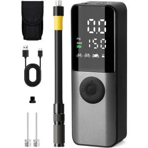 Bike Electric Air Pump: 150Psi Portable Bicycle Tire Pump with Digital Pressure Gauge for Road Bike, Mountain Bike, E-Bike, Motorcycle with Presta, Schrader, Dunlop Valve Accessories (Black and Gray)