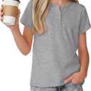 Girl's Short Sleeve Shirts Henley Round Neck Button up Tops Loose Fit Summer Basic Tees (Gray)