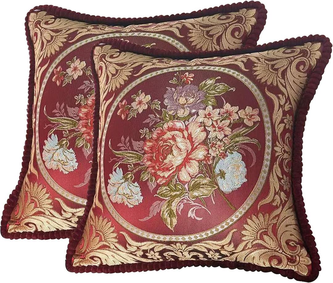 SZHELEJIAM Embroidered Pillow Cover Set of 2, Jacquard Throw Pillow Covers,Vintage Floral Decorative Cushion Covers for Sofa, Bed, Lounger.18.8x18.8 Inch Red