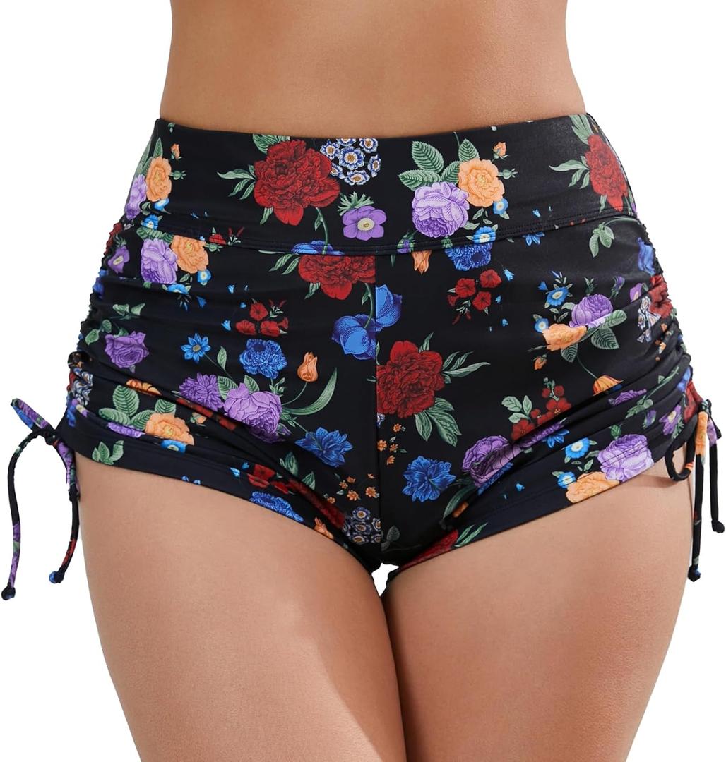 Halcurt Women's High Waisted Swim Board Shorts Tummy Control Side Tie Adjustable Tankini Swimsuit Bottoms (X-Large, Black Floral)