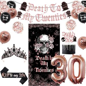 Vlipoeasn Death to My 20s Decorations for Her, Rose Gold Death to My Twenties Backdrop, Banner, Sash, Cake Topper and Balloons for 30th BirthdayDecorations, Dirty 30 Year Old Birthday Party Supplies