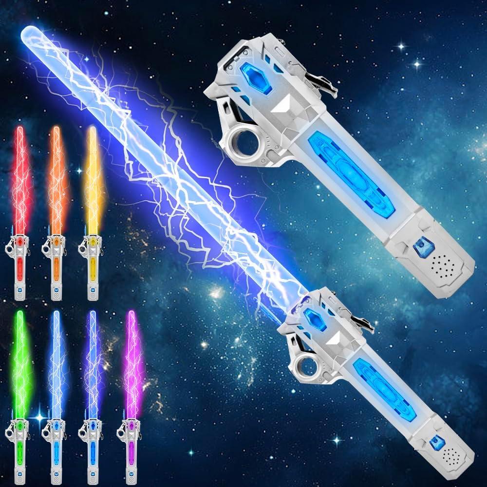 Light Up Sword, Flashing Dueling Sabers for Kids with FX Sound Retractable Blade, 7 Light Color War Warriors Weapon Toy, Cool Halloween Cosplay Costume Party Decoration Christmas Birthday Gift Silver