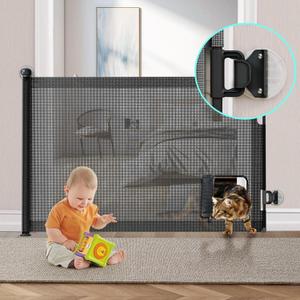 No-Drill Retractable Baby Gates for Stairs, Pet Gate with Cat Door for Doorways, 33" x 55" One-Handed Mesh Baby Dog Pet Cat Gate with Door, Child Safety Gate for Hallways Kitchen Indoor Outdoor Black