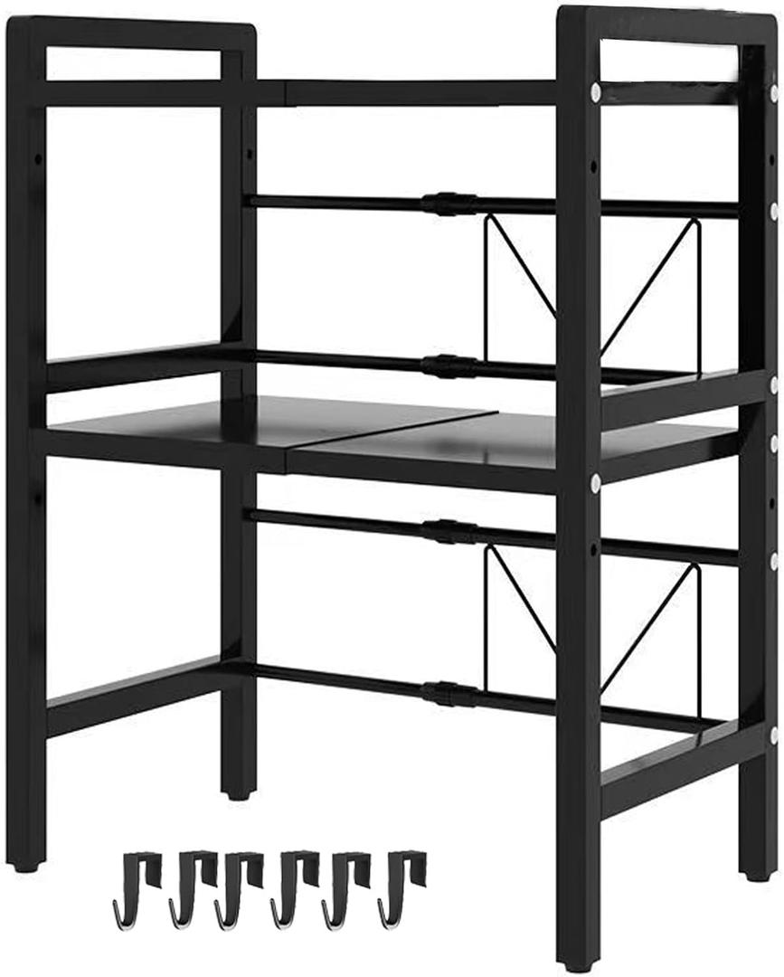 LUCKY KVW Microwave Oven Rack, Microwave stand,Adjustable Shelf with 6 Hooks, Microwave Rack, Extendable Kitchen Microwave Stand with Storage (Shelf 002)