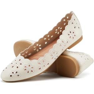 FRACORA Women's Ballet Flats Black PU Leather Dress Shoes Comfortable Round Toe Slip on Flats with Breathable Eyelets (8, Beige)