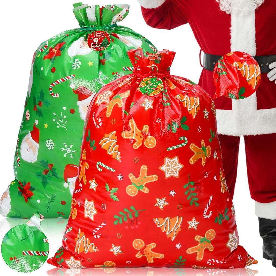 Hillban 2 Pcs Extra Large Christmas Drawstring Gift Bags with Cards 39'' x 32'' Non Woven Thick Holiday Grocery Bags Jumbo Red and Green Santa Backpacks for Xmas Game Party Supplies