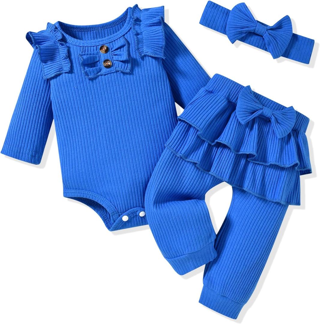 Aalizzwell Preemie Newborn Infant Baby Girls Clothes Ribbed Bodysuit Pants Set Fall Winter Outfits (Royal Blue)