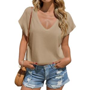 Tankaneo Womens Cropped Deep V Neck T Shirts Summer Casual Short Cap Sleeve Tops Loose Fit Basic Tee (S)