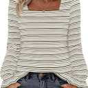 MEROKEETY Women's Fall Square Neck Striped Shirt Puff Long Sleeve Casual Loose Tops 2025 Trendy Blouse (L)