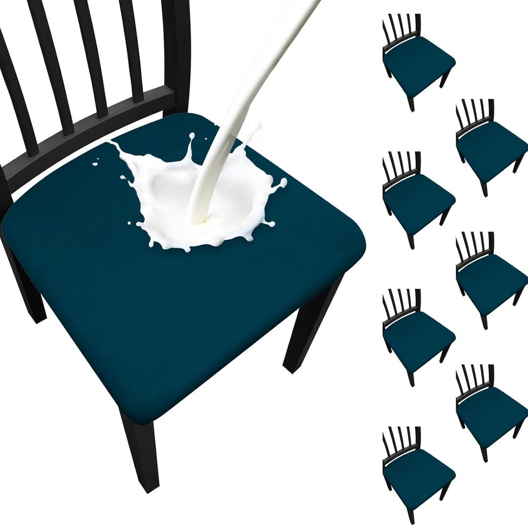 Waterproof Dining Chair Seat Covers Set of 8, Stretch Removable Dining Room Seat Covers for Dining Chairs, Kitchen, Hotel, Party (.Peacock Blue)