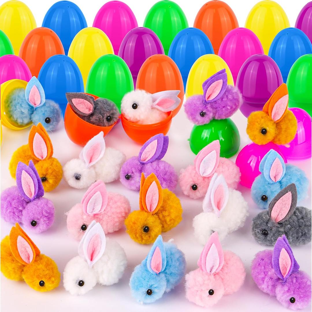 24 Pack Easter Eggs Fillers with Bunny Plush, Easter Basket Stuffers with Toys Inside Filled Mini Stuffed Animals Easter Eggs Hunts Party Favors Surprise Toys for Kids Toddlers Boys Girls