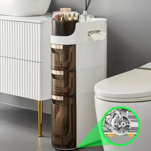 3-Tiers Slim Bathroom Storage Cabinet, Waterproof Narrow Bathroom Storage, Movable Floor Cabinet Organizer with Drawers for Small Spaces, Kitchen, Living Room