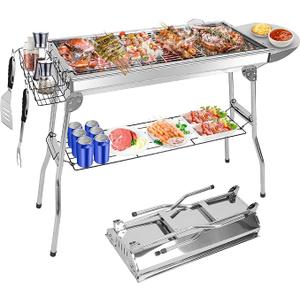 Portable Charcoal Grill, Large Stainless Steel Folding BBQ Grill with Storage Shelf, Foldable Barbecue Grill for Outdoor Cooking Camping Hiking Backyard Garden Picnic Parties Kabob (39x13.4x28 Inch)