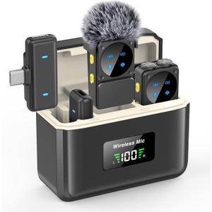 Mini Wireless Lavalier Microphone for iPhone iPad Android with Lightning/USB-C Plug, 80H Work Time Noise Reduction Lapel Mic for Recording, Clip Omni Lav Mic for Video Recording, Tiktok, Youtube, Vlog (Black J12 2IN1)