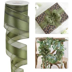 HUIHUANG Moss Green Sheer Wired Ribbon with Satin Stripe 2.5 inch Moss Christmas Tree Ribbon for Bows Making, Wreaths, Gift Wrapping, Bridal Shower Wedding Decor Decor-Continous 10 Yards