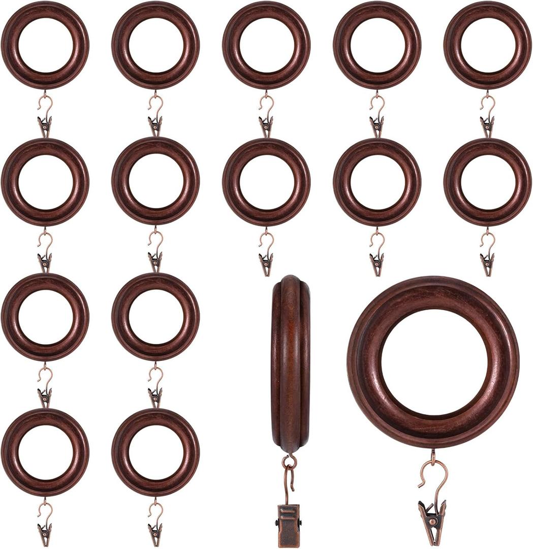 16 Pack Curtain Rod Rings Wooden with Drapery Clips 3 Inch Outer Diameter Retro Brown Beech Wood Carved Drapes Rings 1.8 Inch Interior Diameter for 1-1.5 Inch Curtain Rod Pole
