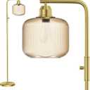 Glass Floor Lamp for Living Room, Modern Standing Lamp with Champagne Gold Ribbed Glass Lampshade, Stepless Dimmable Rotary Switch, 66 Tall Lamp & Gold Floor Lamp for Bedroom Study Room,Brushed Gold