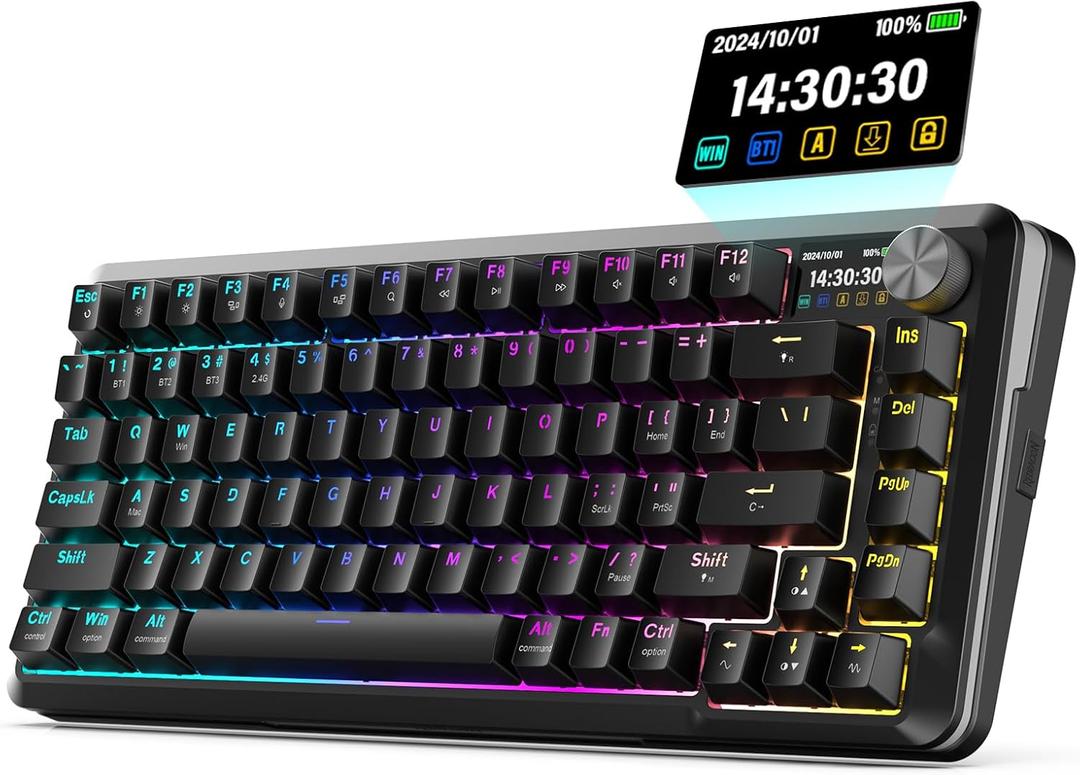 Redragon K708 Wireless Mechanical Keyboard with Screen, Volume Knob & PreLubed Switches  TriMode (Bluetooth/2.4G/USBC) RGB Gasket Gaming Keyboard, Hot Swappable, 4000mAh Battery for PC, Mac, etc.