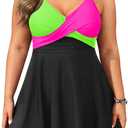 Plus Size Tummy Control Swimdress, Two piece Tankini with Shorts | V Neck, Twist Front, Removable Cups, High Waist Bottom, Adjustable Straps, Flowy Dress Top (Black, XL)