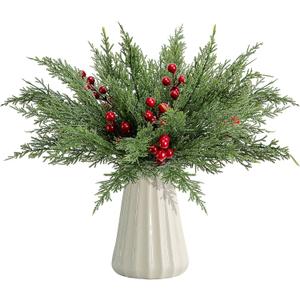 60 Pcs/Set Christmas 3D Artificial Pine Branches- 12.5 Inch Faux Evergreen Cedar Sprigs Branches- Fake Foliage Pine Needles Picks with Artificial Red Berry Stems for DIY Christmas Decoration