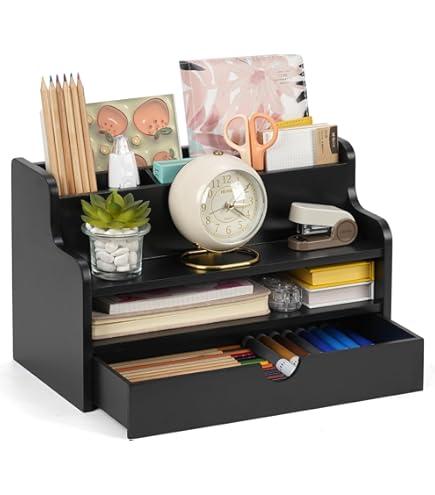 Dhmkfly Mail Organizer Countertop, 4 Slots Desk Organizer with Drawer and Shelf, Wooden Mail Sorter for Desk, Desktop File Holders for Storage Pens, Envelopes and Bills