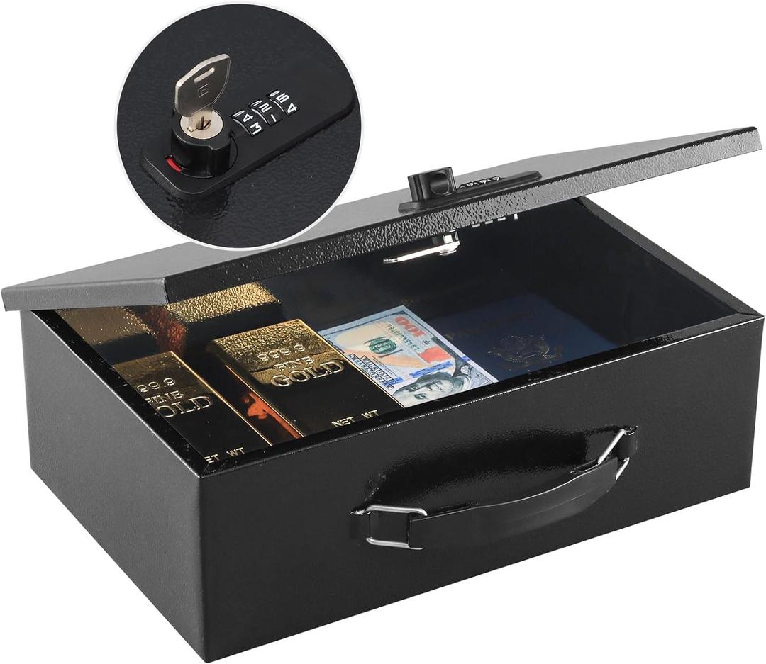 KYODOLED Fireproof Lock Box for Documents, Dual Combination and Key Lock Security with Carrying Handle, Metal Strong Safe Box to Keep Personal Items,Documents, Exterior 12.8" x 8.4" x 4.5", Black (Medium)