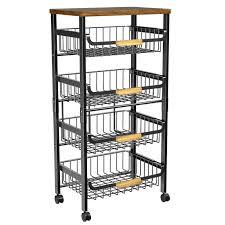 5Tier Rolling Utility Cart, Kitchen Storage Cart with Wheels, Large Capacity Utility Cart with Wooden Tabletop & Mesh Baskets for Kitchen, Bathroom, Laundry Room