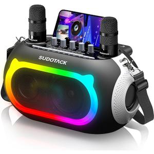 SUDOTACK Karaoke Machine with 2 Wireless Microphones, Karaoke Machine for TV, Portable Bluetooth Speaker with Echo/ Bass/ Treble Adjustment for Home Party/ Christmas/ Birthday Gifts (KM300)