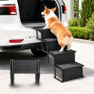 Dog Stairs for Large Dogs,4-Step Foldable Dog Ramp for Car with Non-Slip Surface & Oxford Fabric, Portable & Lightweight Pet Stairs for SUV, Truck, Bed & Couch, Supports up to 132 lbs (Black)
