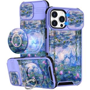 Buleens for iPhone 16 Pro Max Case 6.9 Inch - with Ring Stand & Camera Cover Aesthetic Cute Designed Women Girls Girly Kawaii Blue Water Lily Phone Case for iPhone 16 Pro Max Compatible with Magsafe
