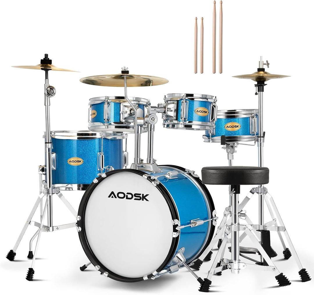 AODSK 14 Inch 5-Piece Full Size Drum Set for Beginner Aspiring Drummers, Complete Starter Kit with Adjustable Throne, Brass Cymbals, Hi-Hat, Pedal, Drumsticks, Ideal Holiday Gift (Light Blue)