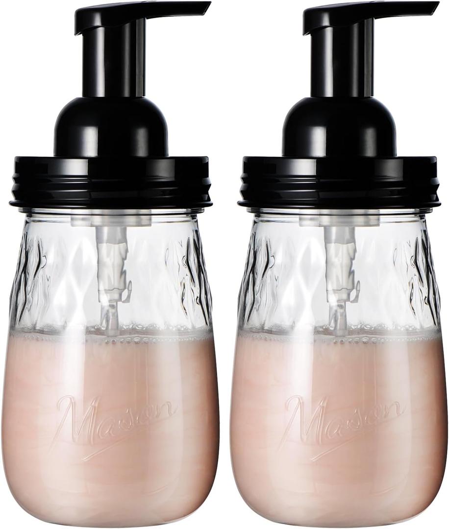 Amolliar 16Oz Foaming Soap Dispenser with Pump Lid, Plastic Refillable Foam Hand Dish Soap Dispenser Set, Clear Diamond Soap Dispenser with Lable for Farmhouse Kitchen Bathroom (2 Pack, Black) (Clear Bottle + Black Pump)