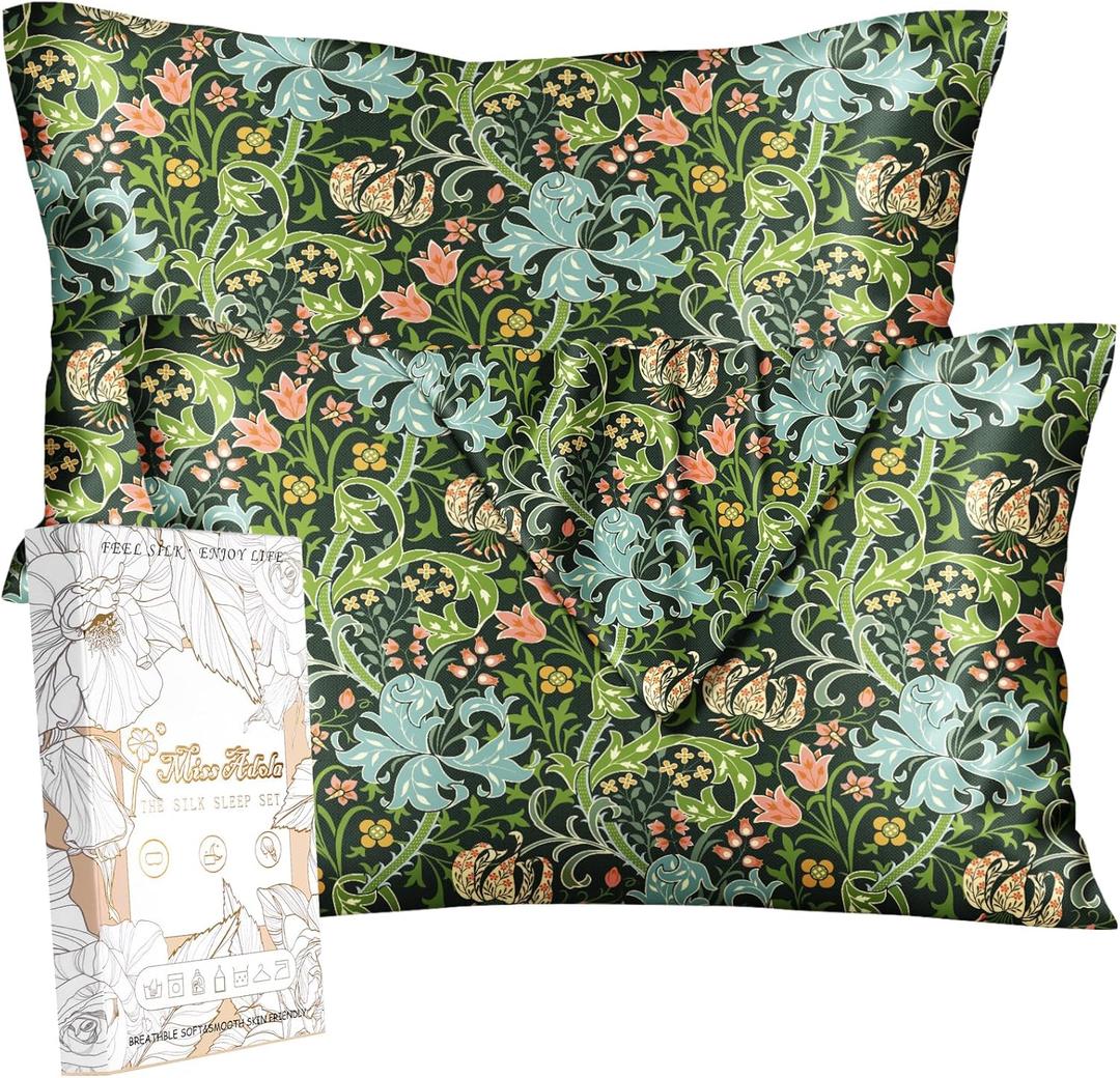 2 Pack Silk Pillowcase - Standard Size 20 x 26 Inch Silky Pillow Case for Hair and Skin Soft Cute Aesthetic Bed Sleeping Pillow Cover with Zipper for Women, Green Art