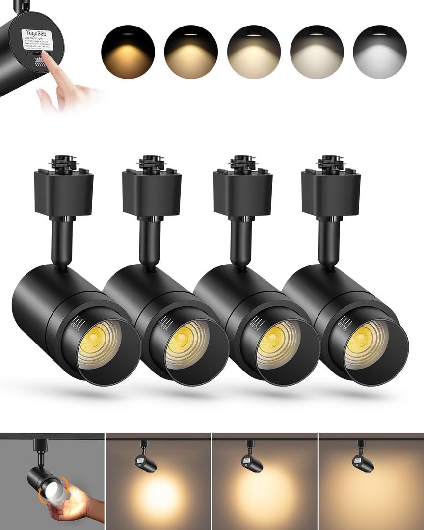 5-Color Zoomable H Track Lighting Heads H Type Track Light Heads Dimmable LED Track Lighting Fixtures Ceiling Spot Light, H Style Track Heads for H Track Lighting Rails Black CRI90 12W 4 Pack