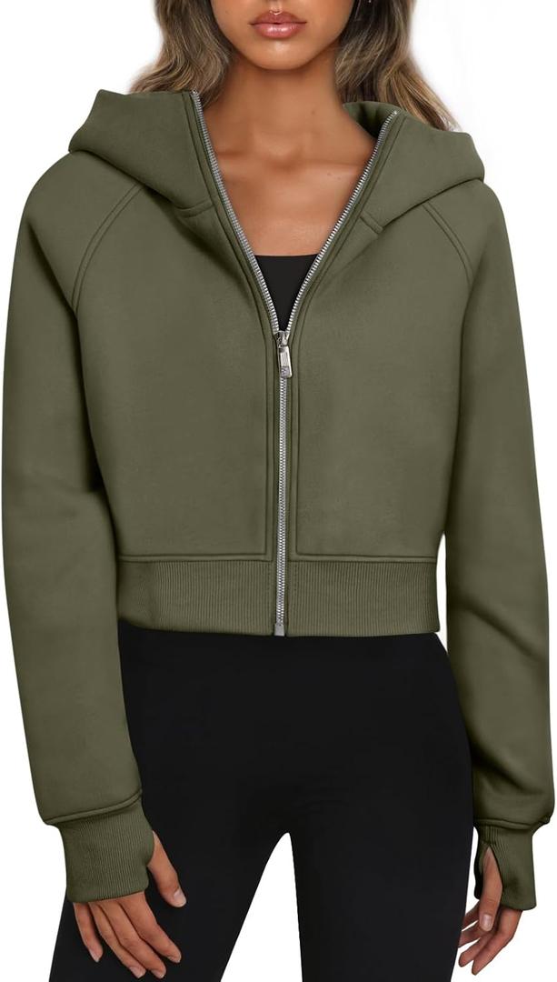 Trendy Queen Womens Zip Up Hoodies Jackets Cropped Sweatshirts Fleece Fall Outfits Casual Comfy Y2k Tops Winter Clothes 2025 (Small, Armygreen)