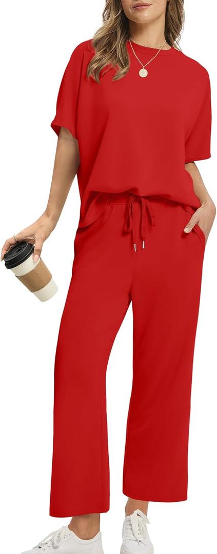 Sampeel Two Piece Sets for Women Summer Outfits Oversized Wide Leg Crop Pants Lounge Sets Airport Beach Vacation Clothes (Small, Red)