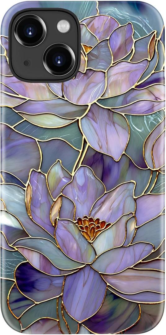 for iPhone 14 Case - Wireless Charging Compatible - Dual-Layer Hard Shell + Silicone Cover - Shockproof Protective Phone Case with Stylish Designs for Women - Abstract Lotus