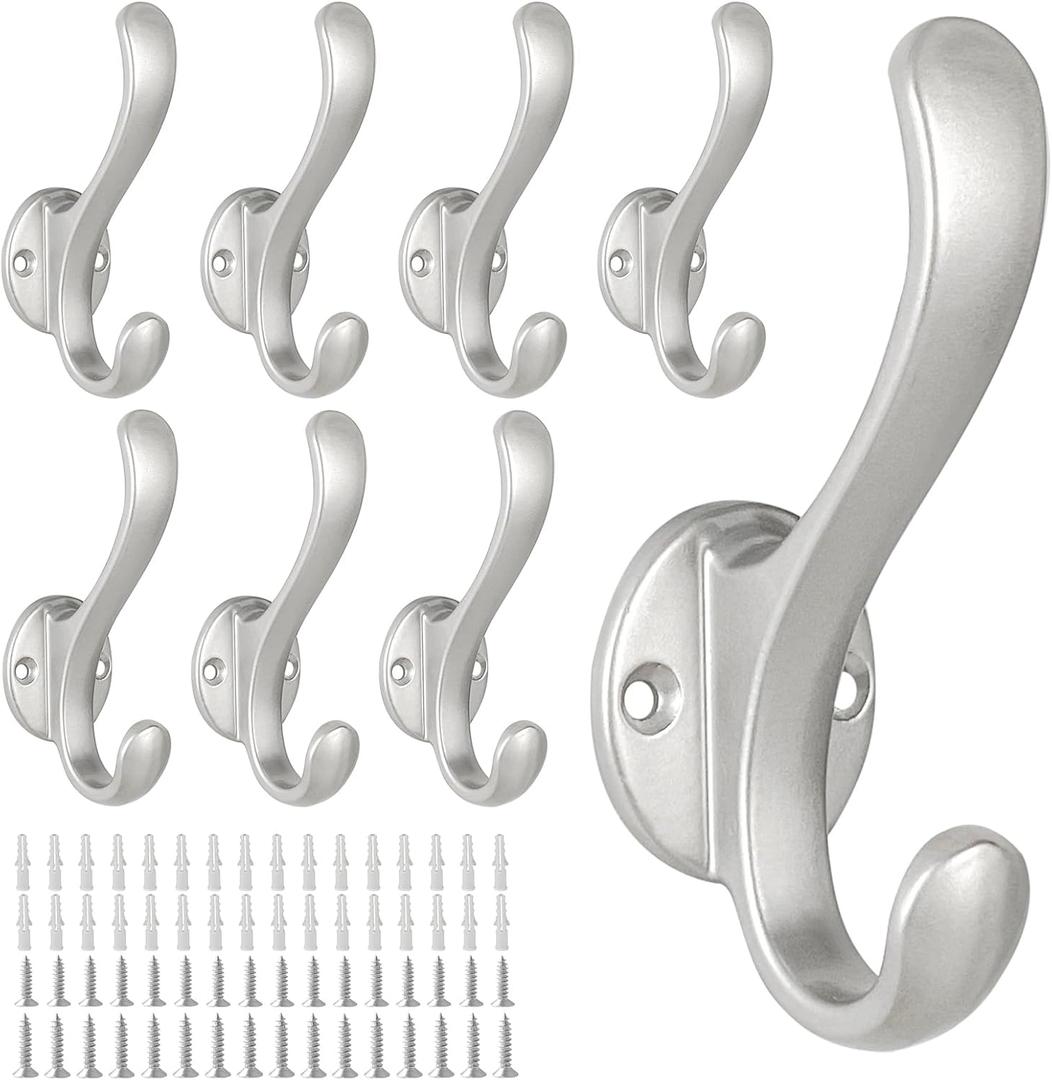 8 Pack Coat Hooks Wall Mount Heavy Duty Utility Retro Double Hooks for Hanging Coats,Hat, Towel, Key, Robe, Scarf, Bag, Cap (Silver)